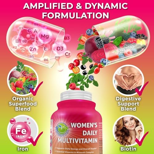 Tägliches Multivitamin für Frauen mit Eisen – Veganes, methyliertes Multivitamin mit Biotin, Bio-Superfoods, Probiotika, B-Komplex – Energie, Darm- & allgemeine Gesundheitsunterstützung – Leicht zu schluckende Kapseln