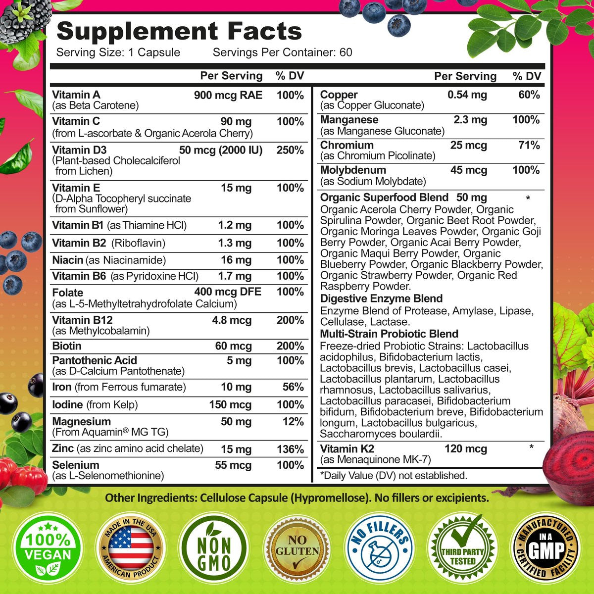 Tägliches Multivitamin für Frauen mit Eisen – Veganes, methyliertes Multivitamin mit Biotin, Bio-Superfoods, Probiotika, B-Komplex – Energie, Darm- & allgemeine Gesundheitsunterstützung – Leicht zu schluckende Kapseln