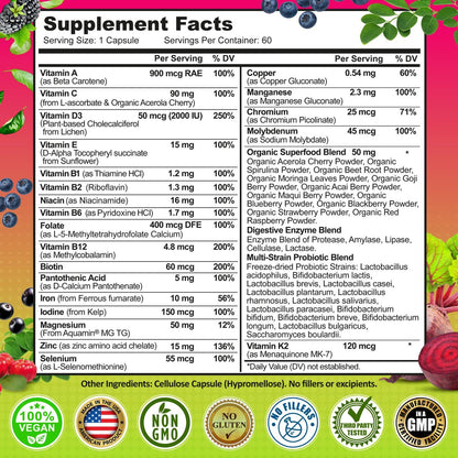 Tägliches Multivitamin für Frauen mit Eisen – Veganes, methyliertes Multivitamin mit Biotin, Bio-Superfoods, Probiotika, B-Komplex – Energie, Darm- & allgemeine Gesundheitsunterstützung – Leicht zu schluckende Kapseln