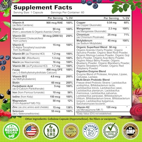 Tägliches Multivitamin für Frauen mit Eisen – Veganes, methyliertes Multivitamin mit Biotin, Bio-Superfoods, Probiotika, B-Komplex – Energie, Darm- & allgemeine Gesundheitsunterstützung – Leicht zu schluckende Kapseln