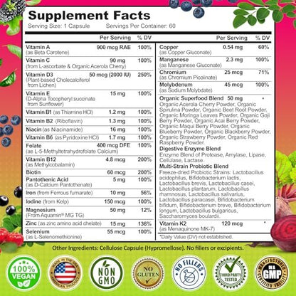 Tägliches Multivitamin für Frauen mit Eisen – Veganes, methyliertes Multivitamin mit Biotin, Bio-Superfoods, Probiotika, B-Komplex – Energie, Darm- & allgemeine Gesundheitsunterstützung – Leicht zu schluckende Kapseln