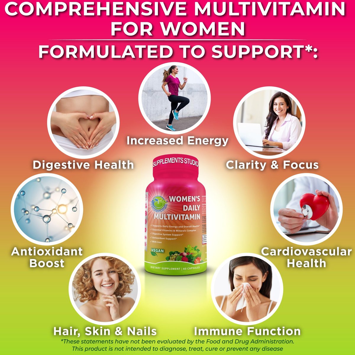 Tägliches Multivitamin für Frauen mit Eisen – Veganes, methyliertes Multivitamin mit Biotin, Bio-Superfoods, Probiotika, B-Komplex – Energie, Darm- & allgemeine Gesundheitsunterstützung – Leicht zu schluckende Kapseln