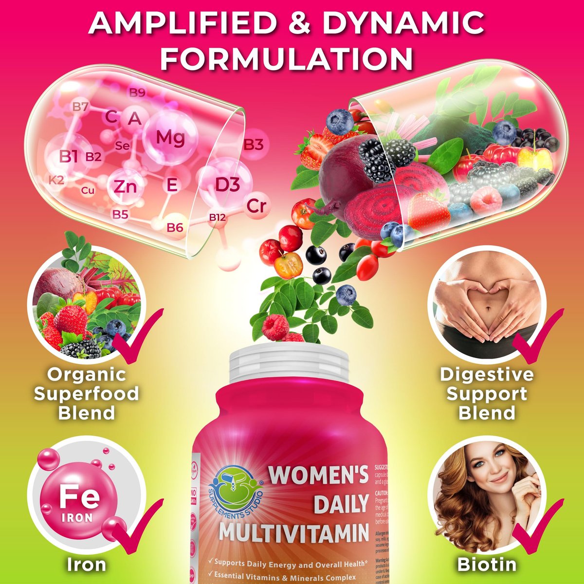 Tägliches Multivitamin für Frauen mit Eisen – Veganes, methyliertes Multivitamin mit Biotin, Bio-Superfoods, Probiotika, B-Komplex – Energie, Darm- & allgemeine Gesundheitsunterstützung – Leicht zu schluckende Kapseln