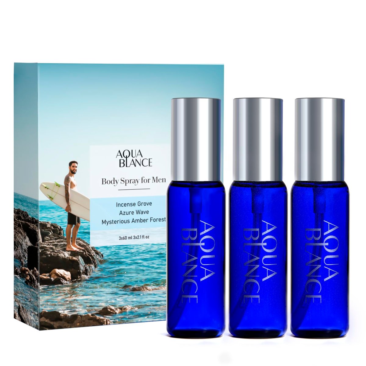 AQUA BLANCE Herren Body Spray, Reisegröße, 3er-Pack, je 62 ml, Noten von Zitrone, Amber, Oud, Leder