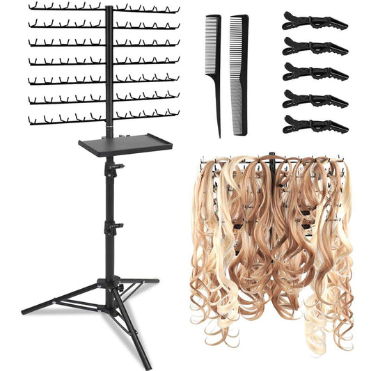 BRIAN & DANY 140-Peg Braiding Hair Rack Stand, Höhenverstellbarer Haarverlängerungsständer mit Salonablage, Haartrennständer für Friseure und Braider, Schwarz