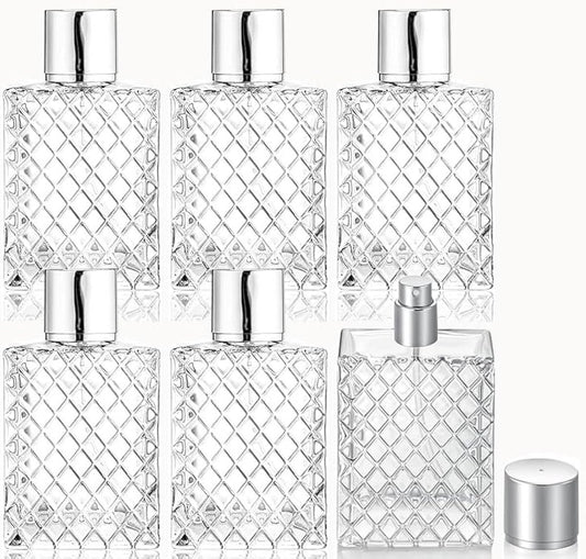 DMuuuDM Nachfüllbare Parfümzerstäuber Flaschen, 6er-Pack 100ml Glas Feinsprühflasche, Leere Reise Quadratische Klare Glas Behälter Nachfüllpackungen für Ätherische Öle, Köln - inkl. Trichter und Pipette