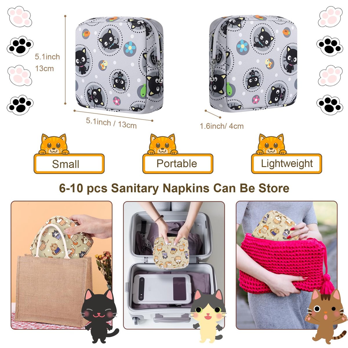 Likesing Periodenbeutel aus Canvas, Damenbinden-Aufbewahrungstasche für Mädchen und Frauen, tragbarer Perioden-Pad-Beutel für die Handtasche, kleine Make-up-Tasche (Graue Katze)
