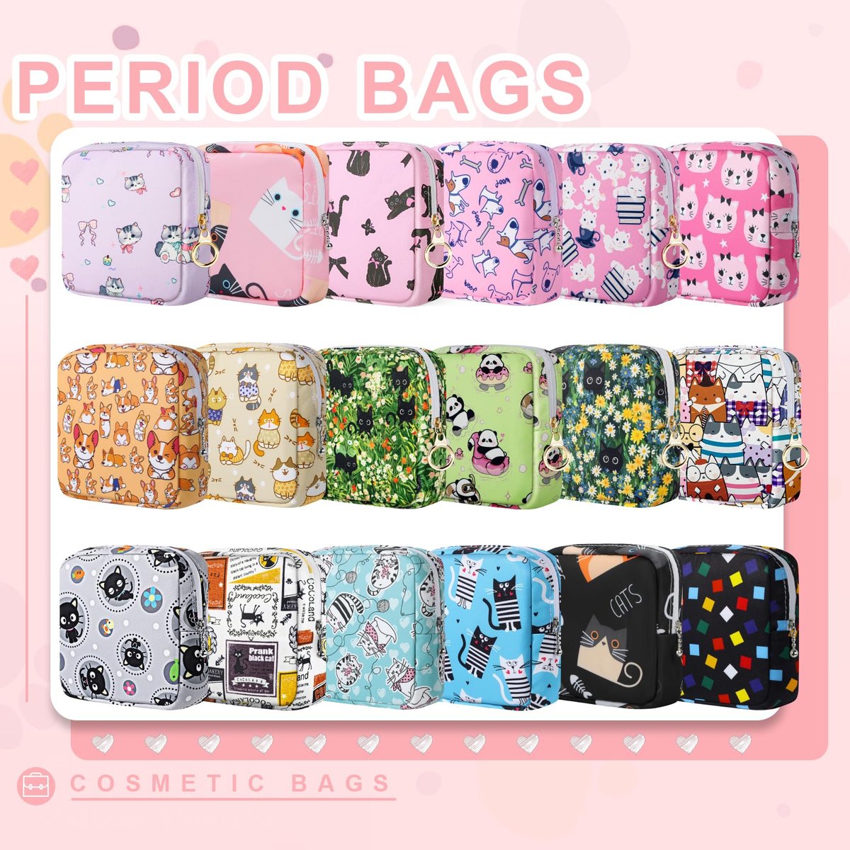 Likesing Periodenbeutel aus Canvas, Damenbinden-Aufbewahrungstasche für Mädchen und Frauen, tragbarer Perioden-Pad-Beutel für die Handtasche, kleine Make-up-Tasche (Graue Katze)