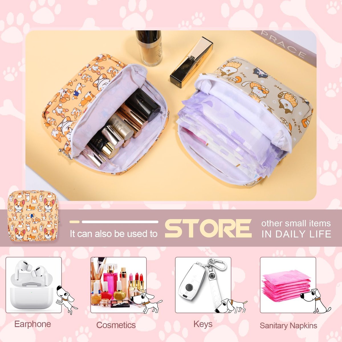 Likesing Periodenbeutel aus Canvas, Damenbinden-Aufbewahrungstasche für Mädchen und Frauen, tragbarer Perioden-Pad-Beutel für die Handtasche, kleine Make-up-Tasche (Graue Katze)