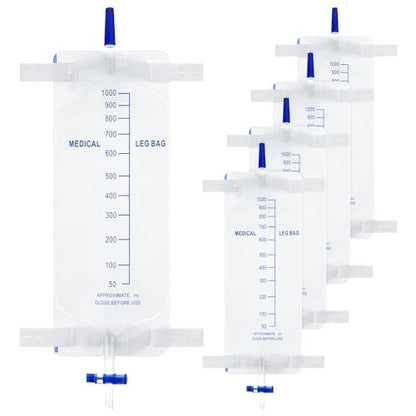 Dunkive 5er-Pack 33,8 oz/1000 ml Beinbeutel Urinbeutel mit Stoffgurten, Beinkatheter mit Anti-Reflux-Ventil für Männer Blasenkontrolle, Urinsammelbeutel für den einmaligen Gebrauch, einfacher Ablasshahn
