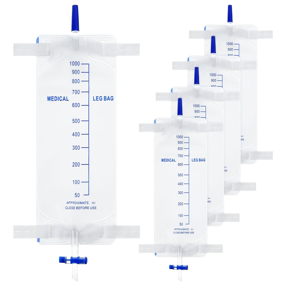 Dunkive 5er-Pack 33,8 oz/1000 ml Beinbeutel Urinbeutel mit Stoffgurten, Beinkatheter mit Anti-Reflux-Ventil für Männer Blasenkontrolle, Urinsammelbeutel für den einmaligen Gebrauch, einfacher Ablasshahn