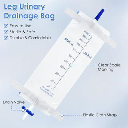 Dunkive 5er-Pack 33,8 oz/1000 ml Beinbeutel Urinbeutel mit Stoffgurten, Beinkatheter mit Anti-Reflux-Ventil für Männer Blasenkontrolle, Urinsammelbeutel für den einmaligen Gebrauch, einfacher Ablasshahn