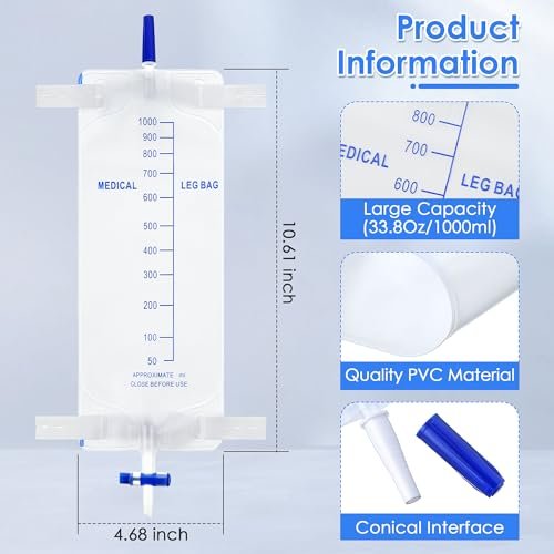 Dunkive 5er-Pack 33,8 oz/1000 ml Beinbeutel Urinbeutel mit Stoffgurten, Beinkatheter mit Anti-Reflux-Ventil für Männer Blasenkontrolle, Urinsammelbeutel für den einmaligen Gebrauch, einfacher Ablasshahn