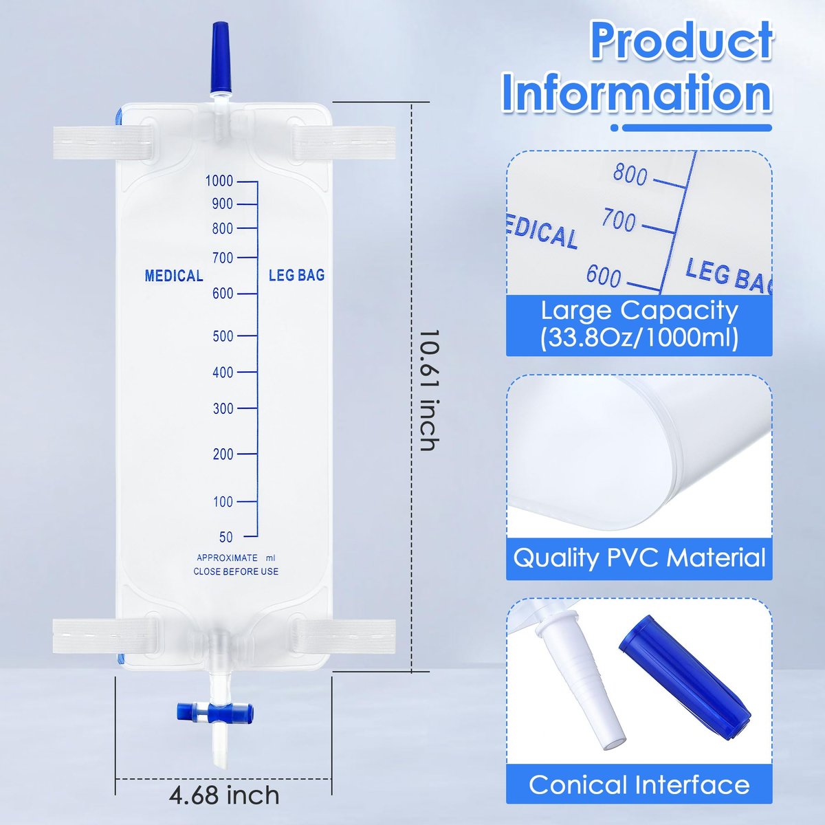 Dunkive 5er-Pack 33,8 oz/1000 ml Beinbeutel Urinbeutel mit Stoffgurten, Beinkatheter mit Anti-Reflux-Ventil für Männer Blasenkontrolle, Urinsammelbeutel für den einmaligen Gebrauch, einfacher Ablasshahn