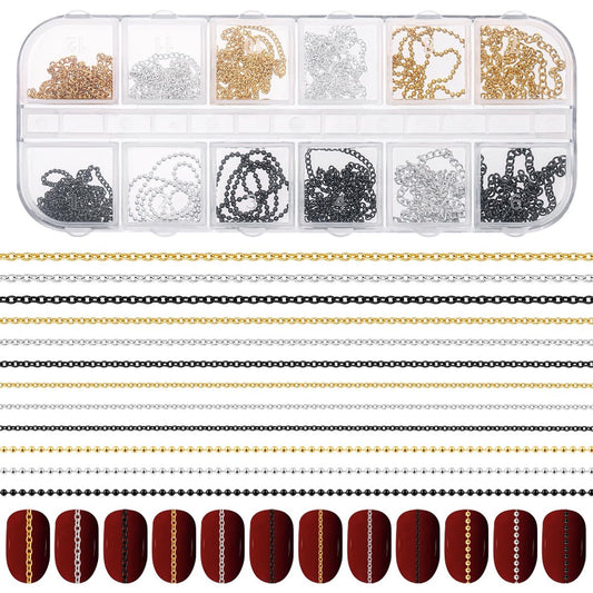 Hariendny 12 Streifen Nagelkette Charms, Metall Nagelkunst Ketten, 3D Gold Silber Dunkelgrau Nagelketten, Nagelschmuck Ketten, Linien Nagel Charms, Nageldekorationen mit Box für Maniküre Dekoration DIY