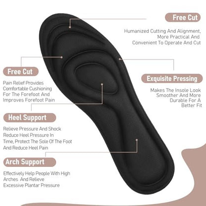 2 Paar Memory Foam Einlegesohlen, Ganzfuß-Responsive Dämpfung, Plantarfasziitis Einlagen für Damen Herren, Orthopädische Schuheinlagen mit Fußgewölbeunterstützung für Fußgesundheit (Schwarz, W 7.5-8.5 / M 5.5-6.5)