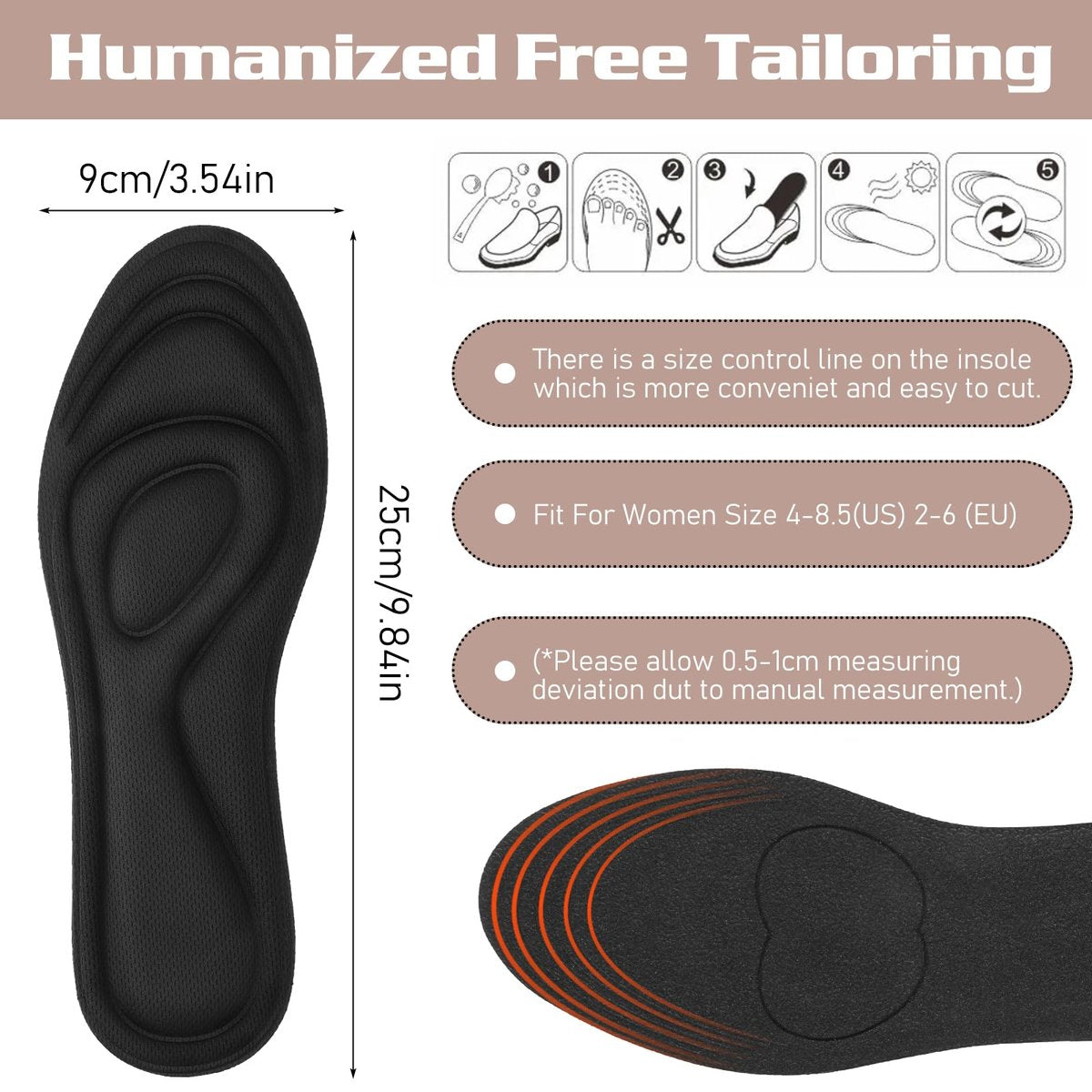 2 Paar Memory Foam Einlegesohlen, Ganzfuß-Responsive Dämpfung, Plantarfasziitis Einlagen für Damen Herren, Orthopädische Schuheinlagen mit Fußgewölbeunterstützung für Fußgesundheit (Schwarz, W 7.5-8.5 / M 5.5-6.5)