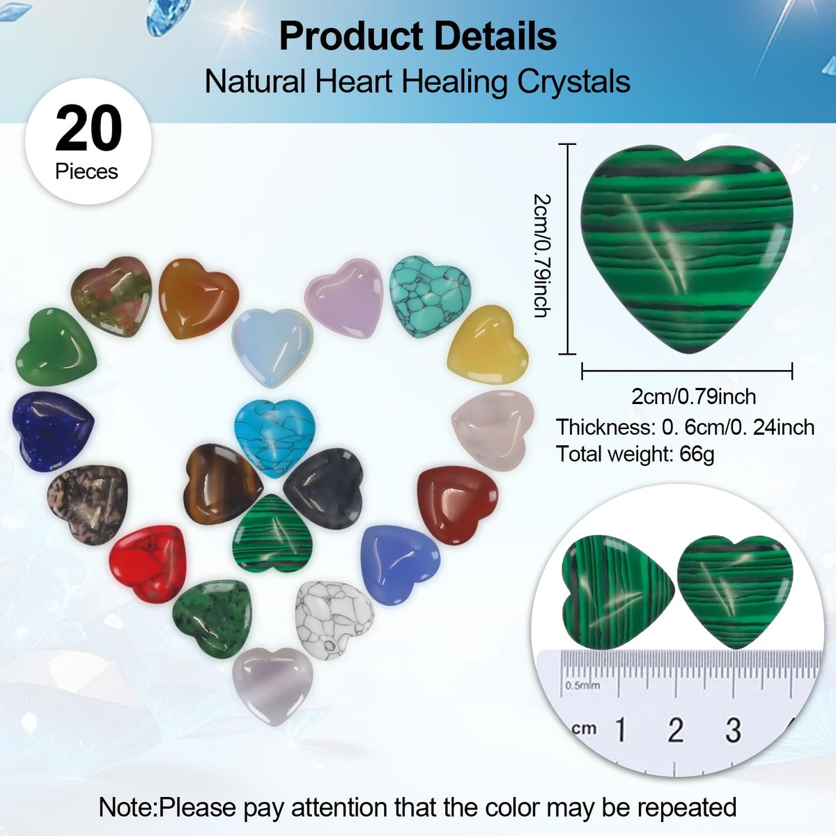 Virekm 20 Stück Rosenquarz-Herzkristalle, Heilsteine-Set, Amethyst-Herzen, bunte Daumen-Edelsteine für Chakra-Reiki-Balance, Geschenk für Männer und Frauen (Bunt - 20 Stück)