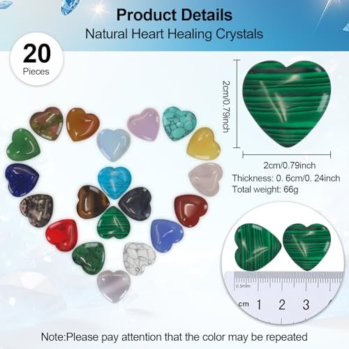 Virekm 20 Stück Rosenquarz-Herzkristalle, Heilsteine-Set, Amethyst-Herzen, bunte Daumen-Edelsteine für Chakra-Reiki-Balance, Geschenk für Männer und Frauen (Bunt - 20 Stück)