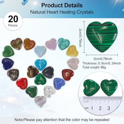 Virekm 20 Stück Rosenquarz-Herzkristalle, Heilsteine-Set, Amethyst-Herzen, bunte Daumen-Edelsteine für Chakra-Reiki-Balance, Geschenk für Männer und Frauen (Bunt - 20 Stück)