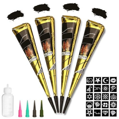 Yomagine 4-teiliges schwarzes temporäres Tattoo-Set – 100 % natürliche Tattoo-Paste mit 20 Schablonen für DIY Körperkunst