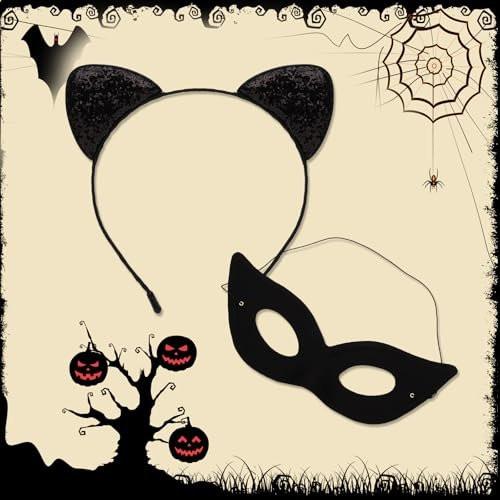 Schwarzes Katzenohren-Stirnband und Masken-Set für Erwachsene, Kostümzubehör für Halloween und Mottopartys