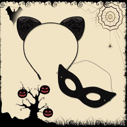 Schwarzes Katzenohren-Stirnband und Masken-Set für Erwachsene, Kostümzubehör für Halloween und Mottopartys