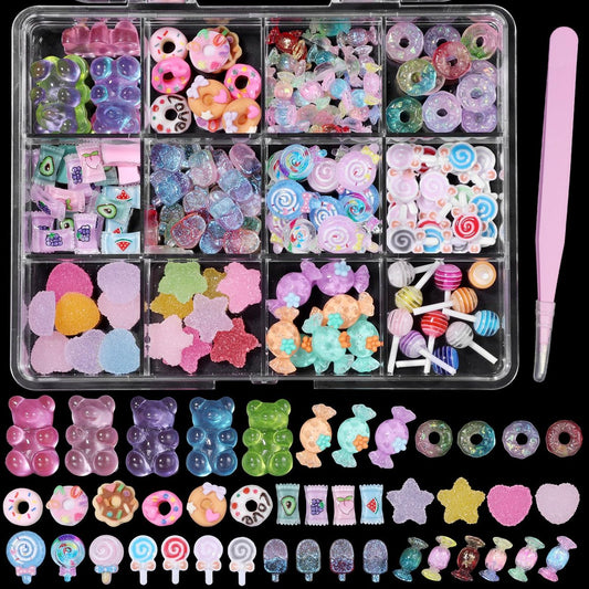 3D Candy Nagelcharm-Set – Bunte Lollipop, Donuts, Bären, süße Nageldekorationen für Acrylnägel – Mehrfarbig, klein