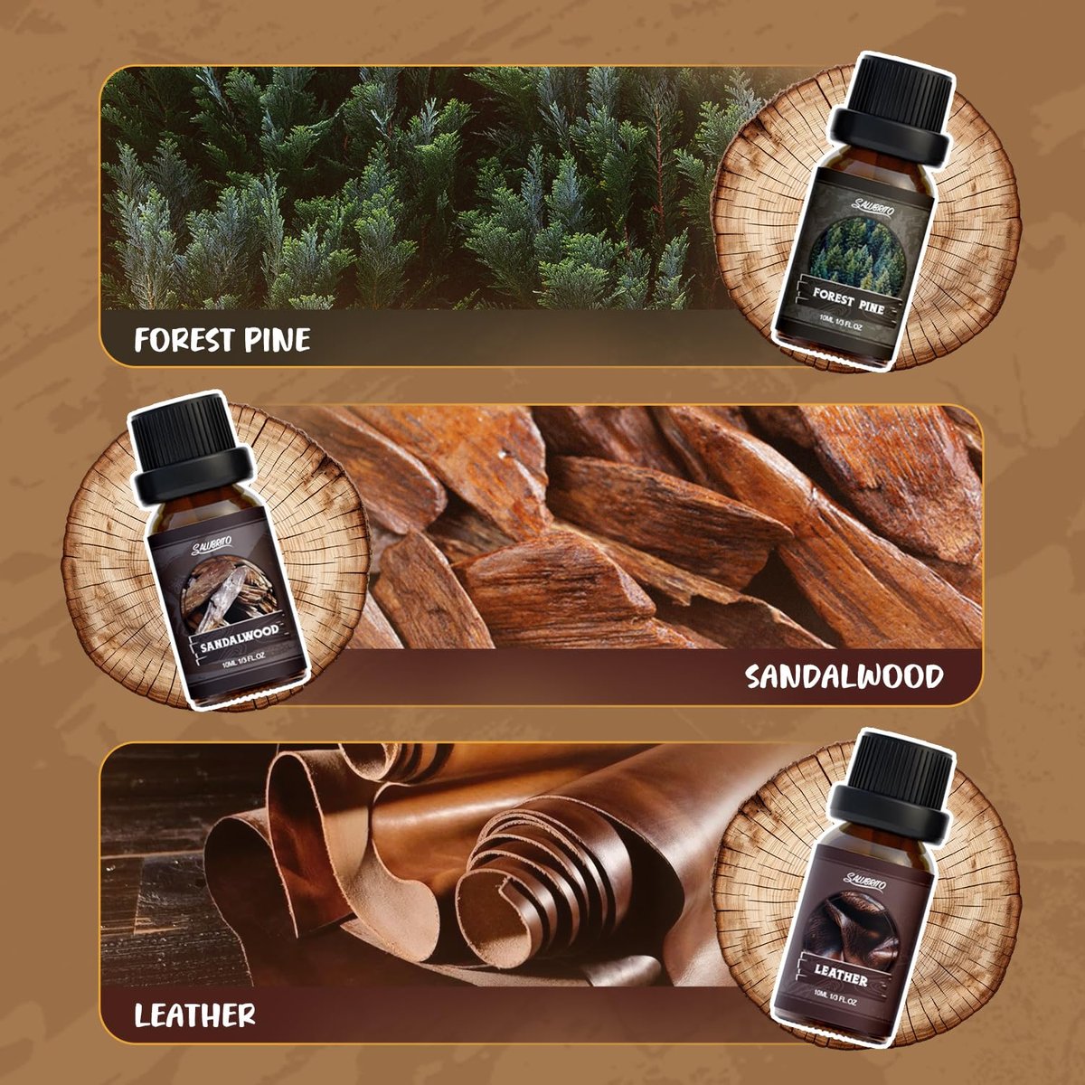 SALUBRITO Woody Fragrance Öl Set – Waldkiefer, Sandelholz, Leder, Teakholz, Myrrhe, Zedernholz – Ätherische Holzöle für Diffuser, Kerzen- und Seifenherstellung