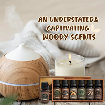 SALUBRITO Woody Fragrance Öl Set – Waldkiefer, Sandelholz, Leder, Teakholz, Myrrhe, Zedernholz – Ätherische Holzöle für Diffuser, Kerzen- und Seifenherstellung