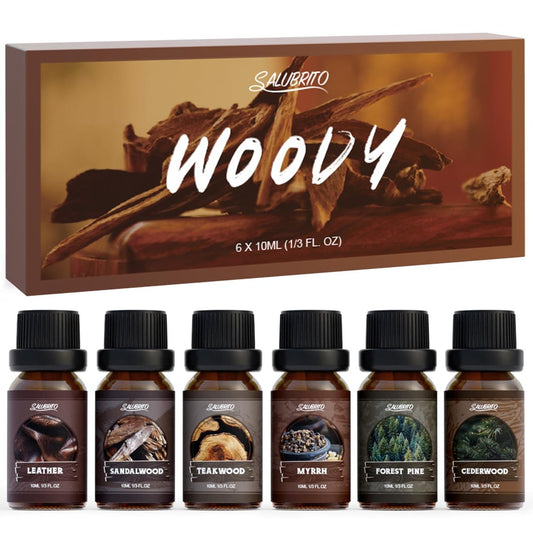 SALUBRITO Woody Fragrance Öl Set – Waldkiefer, Sandelholz, Leder, Teakholz, Myrrhe, Zedernholz – Ätherische Holzöle für Diffuser, Kerzen- und Seifenherstellung