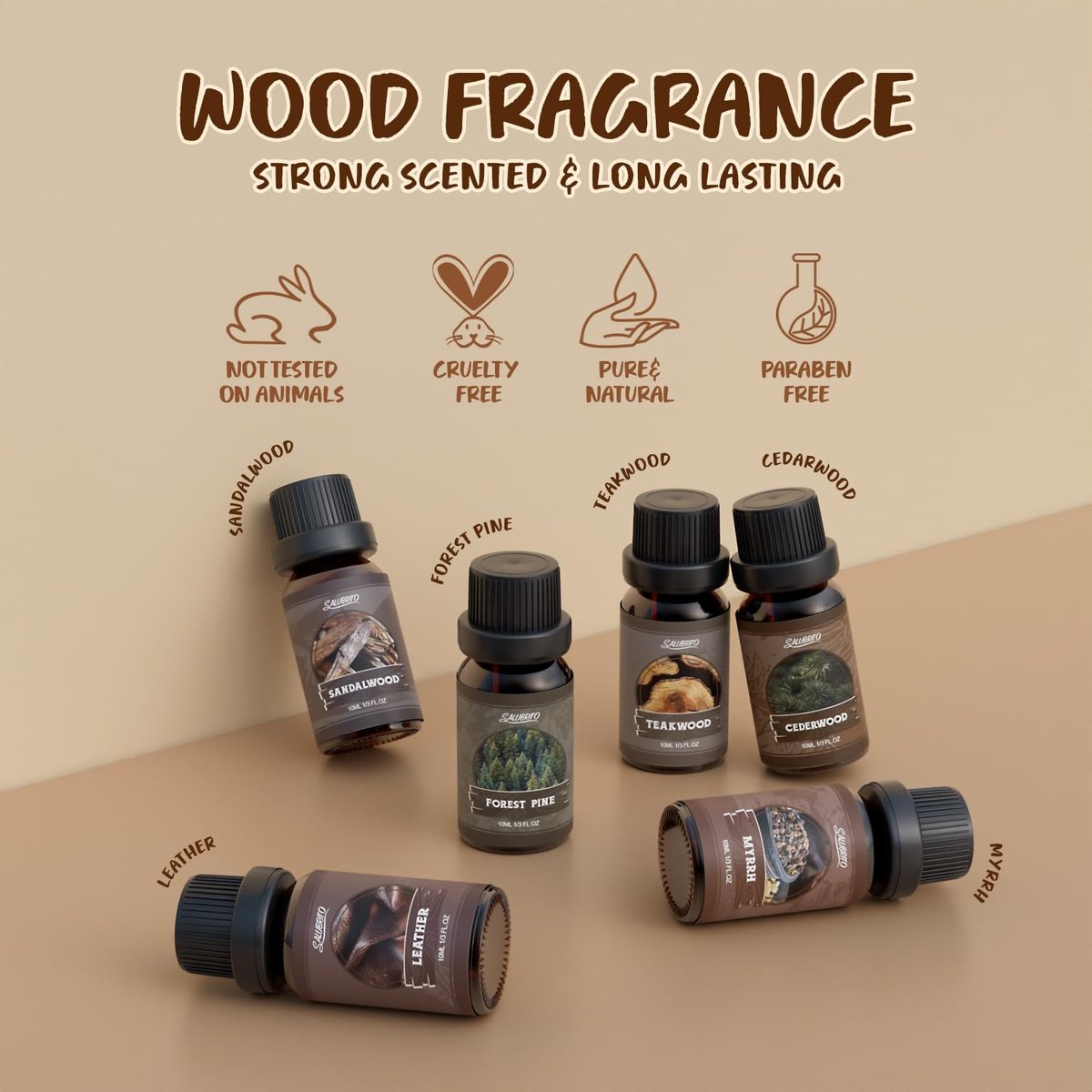 SALUBRITO Woody Fragrance Öl Set – Waldkiefer, Sandelholz, Leder, Teakholz, Myrrhe, Zedernholz – Ätherische Holzöle für Diffuser, Kerzen- und Seifenherstellung