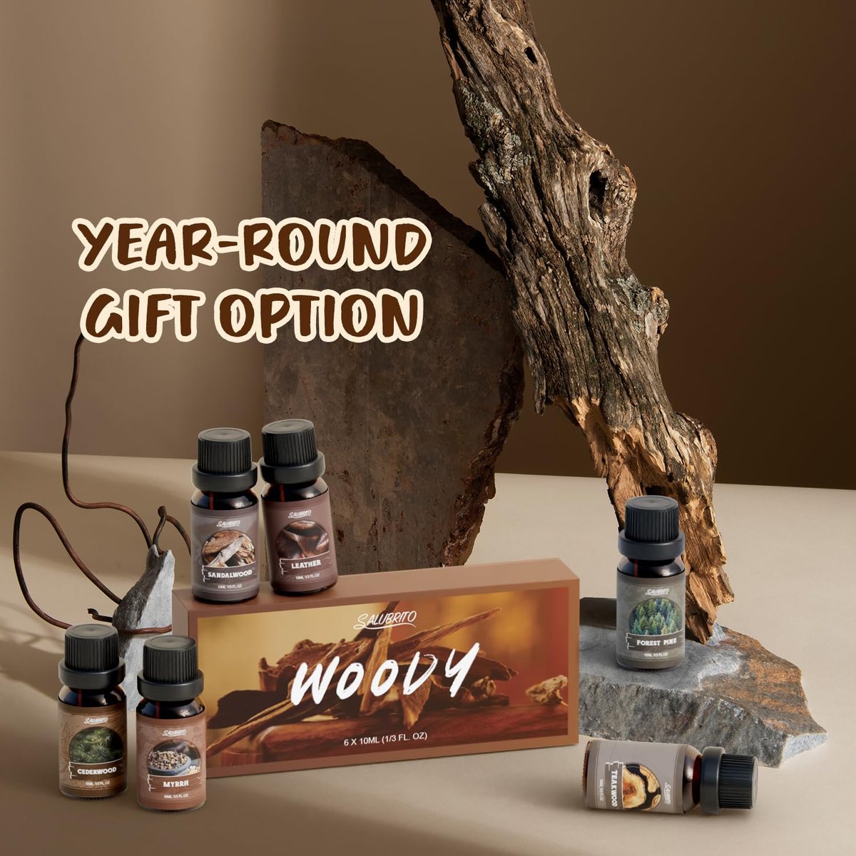 SALUBRITO Woody Fragrance Öl Set – Waldkiefer, Sandelholz, Leder, Teakholz, Myrrhe, Zedernholz – Ätherische Holzöle für Diffuser, Kerzen- und Seifenherstellung