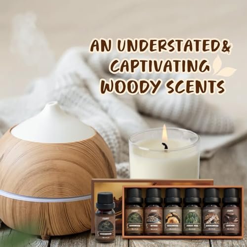 SALUBRITO Woody Fragrance Öl Set – Waldkiefer, Sandelholz, Leder, Teakholz, Myrrhe, Zedernholz – Ätherische Holzöle für Diffuser, Kerzen- und Seifenherstellung
