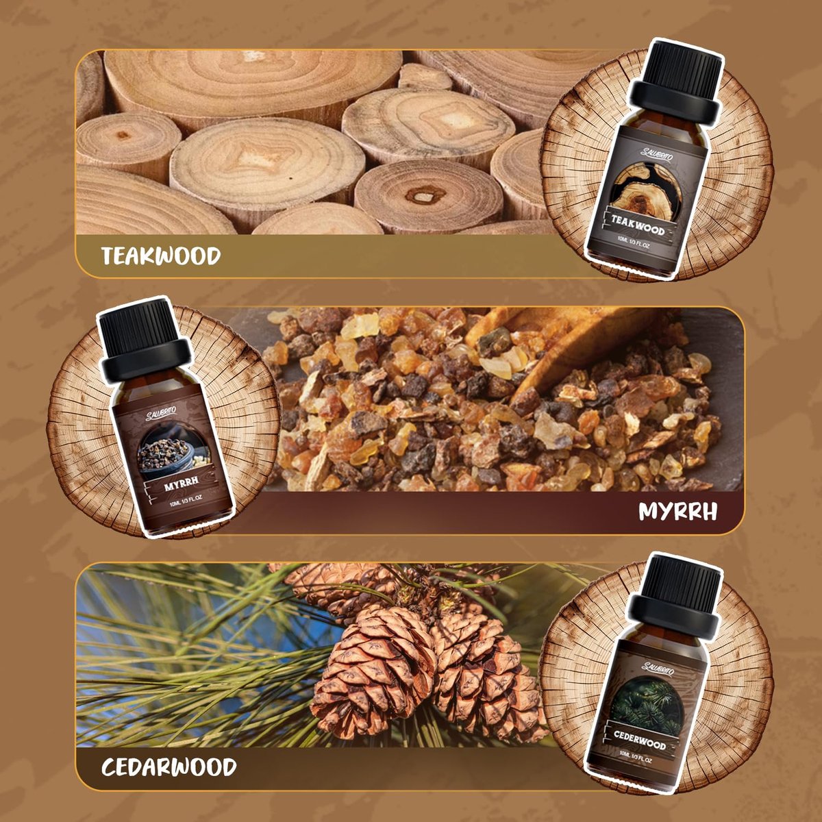 SALUBRITO Woody Fragrance Öl Set – Waldkiefer, Sandelholz, Leder, Teakholz, Myrrhe, Zedernholz – Ätherische Holzöle für Diffuser, Kerzen- und Seifenherstellung