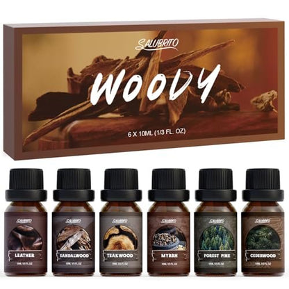 SALUBRITO Woody Fragrance Öl Set – Waldkiefer, Sandelholz, Leder, Teakholz, Myrrhe, Zedernholz – Ätherische Holzöle für Diffuser, Kerzen- und Seifenherstellung