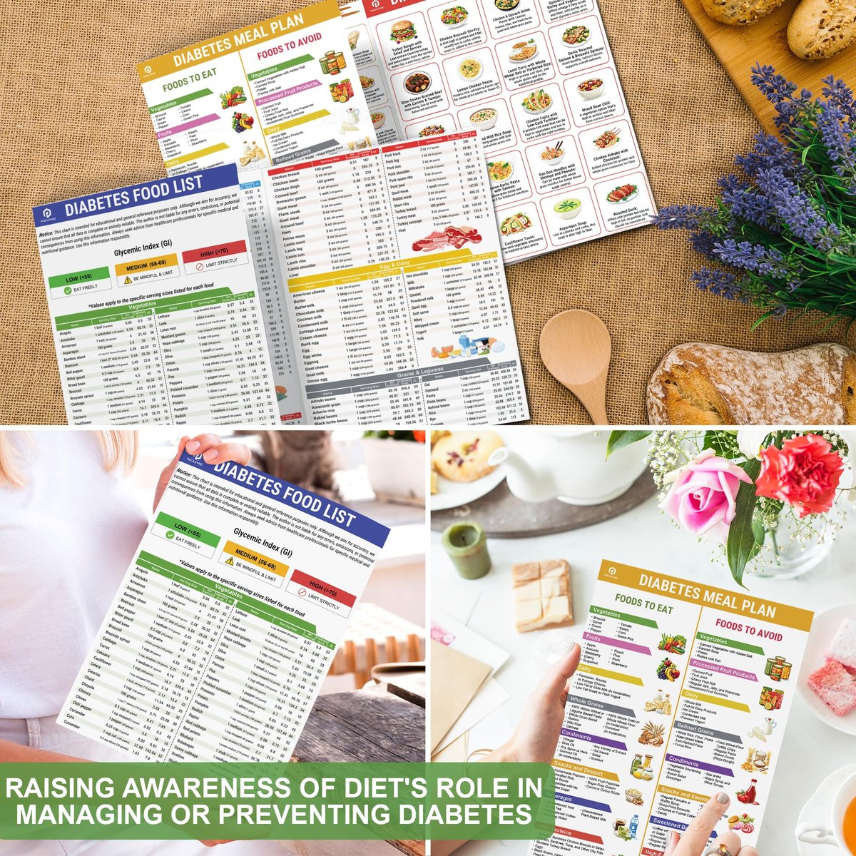POCAZONE Diabetes-Lebensmittelliste und Speiseplan-2er-Set, laminiert, diabetische Lebensmitteltabelle für Typ-1- und Typ-2-Diabetes, gesunder diabetischer Diät-Mahlzeitenplan-Leitfaden, Rezeptkochbuch für Anfänger, glykämischer Index