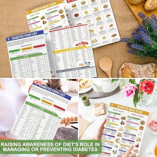 POCAZONE Diabetes-Lebensmittelliste und Speiseplan-2er-Set, laminiert, diabetische Lebensmitteltabelle für Typ-1- und Typ-2-Diabetes, gesunder diabetischer Diät-Mahlzeitenplan-Leitfaden, Rezeptkochbuch für Anfänger, glykämischer Index