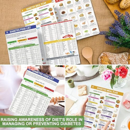 POCAZONE Diabetes-Lebensmittelliste und Speiseplan-2er-Set, laminiert, diabetische Lebensmitteltabelle für Typ-1- und Typ-2-Diabetes, gesunder diabetischer Diät-Mahlzeitenplan-Leitfaden, Rezeptkochbuch für Anfänger, glykämischer Index