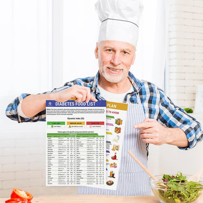 POCAZONE Diabetes-Lebensmittelliste und Speiseplan-2er-Set, laminiert, diabetische Lebensmitteltabelle für Typ-1- und Typ-2-Diabetes, gesunder diabetischer Diät-Mahlzeitenplan-Leitfaden, Rezeptkochbuch für Anfänger, glykämischer Index