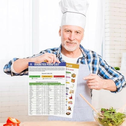 POCAZONE Diabetes-Lebensmittelliste und Speiseplan-2er-Set, laminiert, diabetische Lebensmitteltabelle für Typ-1- und Typ-2-Diabetes, gesunder diabetischer Diät-Mahlzeitenplan-Leitfaden, Rezeptkochbuch für Anfänger, glykämischer Index