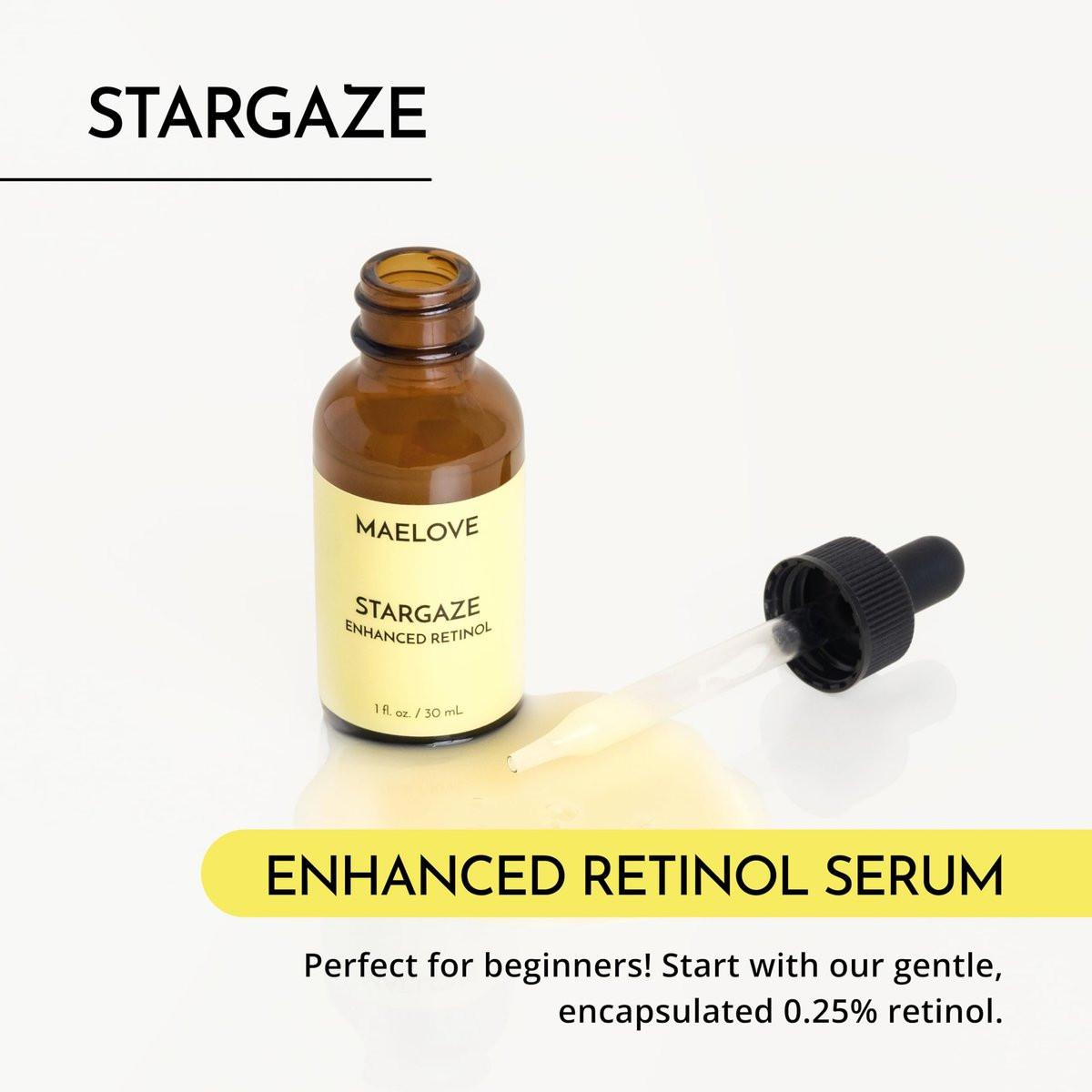 MAELOVE Stargaze Enhanced Retinol Serum – Zeitfreisetzendes 0,25 % Retinol für strahlende Haut, mit Hyaluronsäure, Niacinamid und beruhigenden Botanicals, ideal für empfindliche Haut, hergestellt in den USA