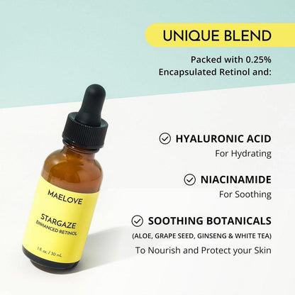 MAELOVE Stargaze Enhanced Retinol Serum – Zeitfreisetzendes 0,25 % Retinol für strahlende Haut, mit Hyaluronsäure, Niacinamid und beruhigenden Botanicals, ideal für empfindliche Haut, hergestellt in den USA