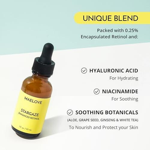 MAELOVE Stargaze Enhanced Retinol Serum – Zeitfreisetzendes 0,25 % Retinol für strahlende Haut, mit Hyaluronsäure, Niacinamid und beruhigenden Botanicals, ideal für empfindliche Haut, hergestellt in den USA