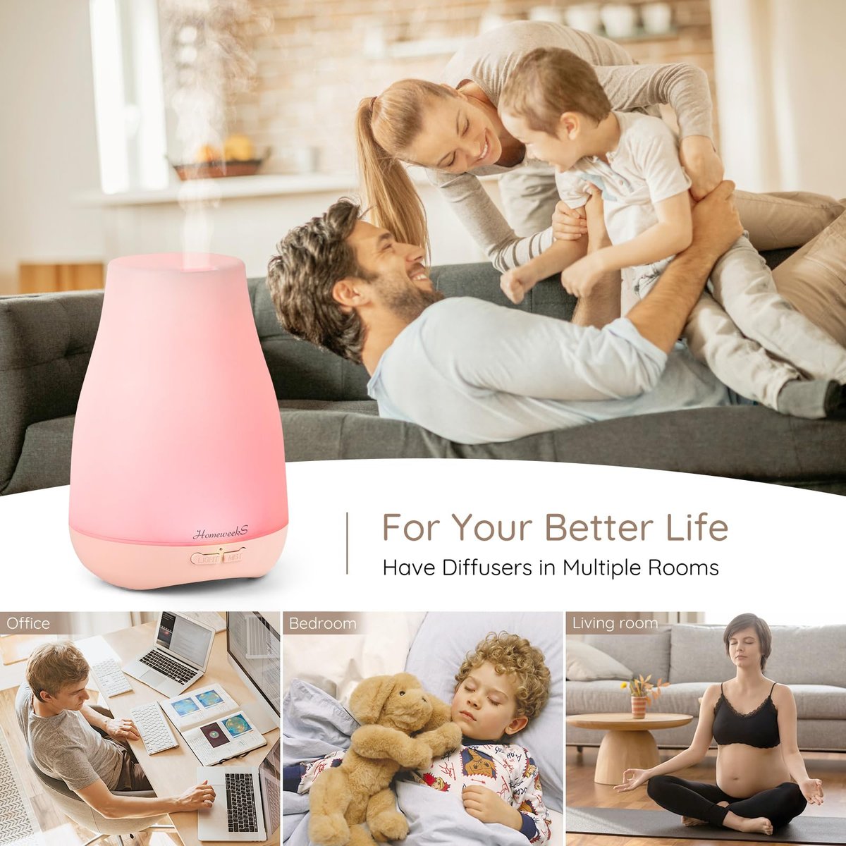 Homeweeks Diffusor, 100 ml Farbiger Aroma-Diffusor mit einstellbarem Nebelmodus, Auto-Off, für Schlafzimmer/Büro/Reise (100 ml, 1 Packung)