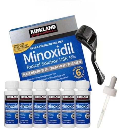 (6er-Pack) Kirkland Minoxidil für Männer Haarwuchs Behandlung, Flüssige Extra Stärke 5% Topische Lösung, 6 Monate Vorrat - Inklusive Tropfer und Microneedle Roller - Minoxidil Kirkland