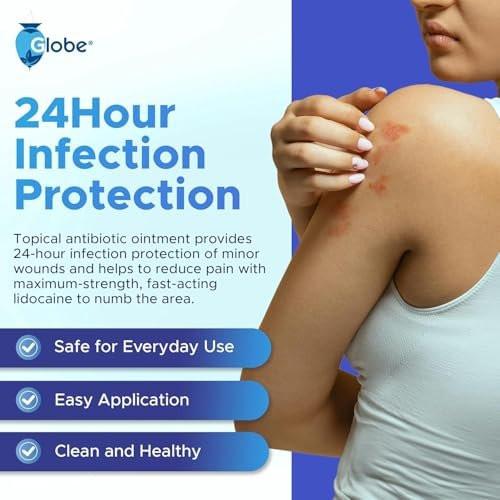 Globe First Aid Antibiotische Salbe + Lidocain (2er-Pack) 1 Unze – Maximalstärke & schnell wirkendes topisches Schmerzmittel, 24-Stunden-Infektionsschutz mit betäubender Wirkung, Bacitracin Zink