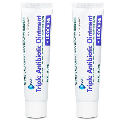 Globe First Aid Antibiotische Salbe + Lidocain (2er-Pack) 1 Unze – Maximalstärke & schnell wirkendes topisches Schmerzmittel, 24-Stunden-Infektionsschutz mit betäubender Wirkung, Bacitracin Zink