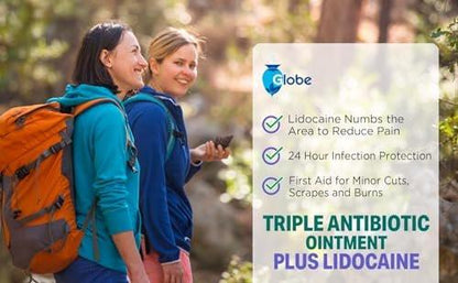 Globe First Aid Antibiotische Salbe + Lidocain (2er-Pack) 1 Unze – Maximalstärke & schnell wirkendes topisches Schmerzmittel, 24-Stunden-Infektionsschutz mit betäubender Wirkung, Bacitracin Zink