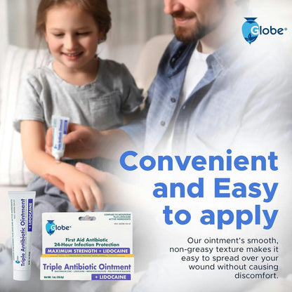 Globe First Aid Antibiotische Salbe + Lidocain (2er-Pack) 1 Unze – Maximalstärke & schnell wirkendes topisches Schmerzmittel, 24-Stunden-Infektionsschutz mit betäubender Wirkung, Bacitracin Zink